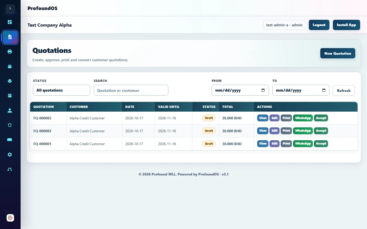 Print quotation workspace with measurement and job controls. Demonstration data.