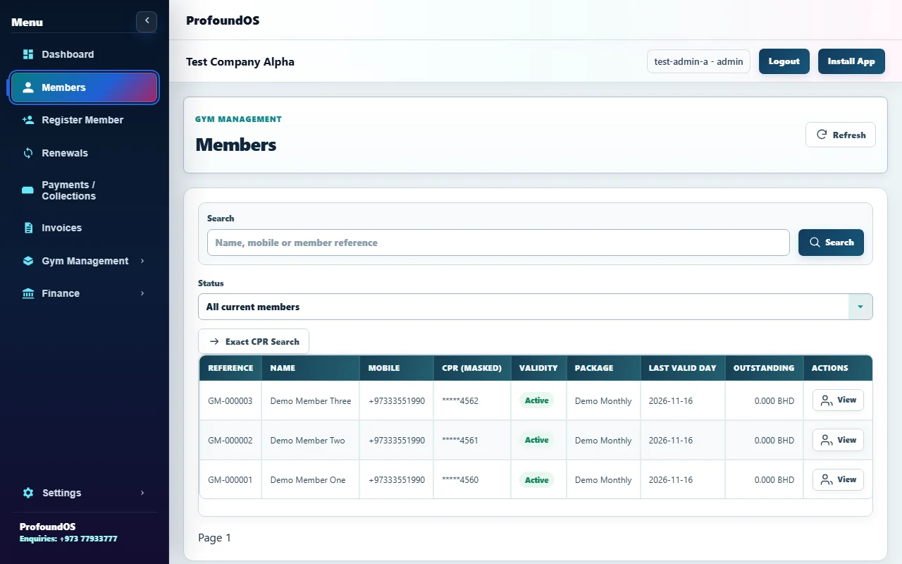 Gym member workspace with registration, renewal and collection navigation. Demonstration data.