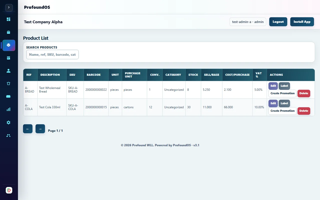 Retail Admin workspace with sales, stock and customer balance navigation. Demonstration data.