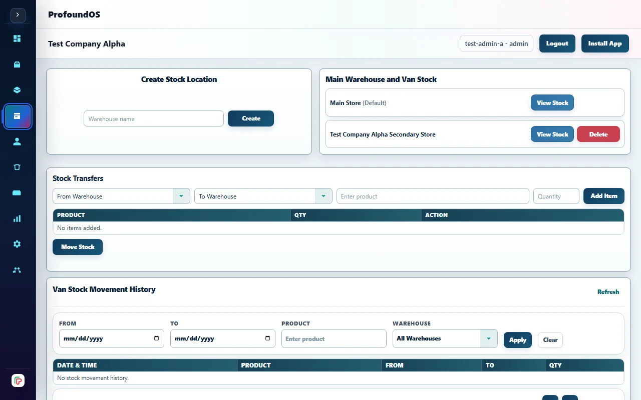 Distribution workspace showing the existing Van Sales stock and sales navigation. Demonstration data.